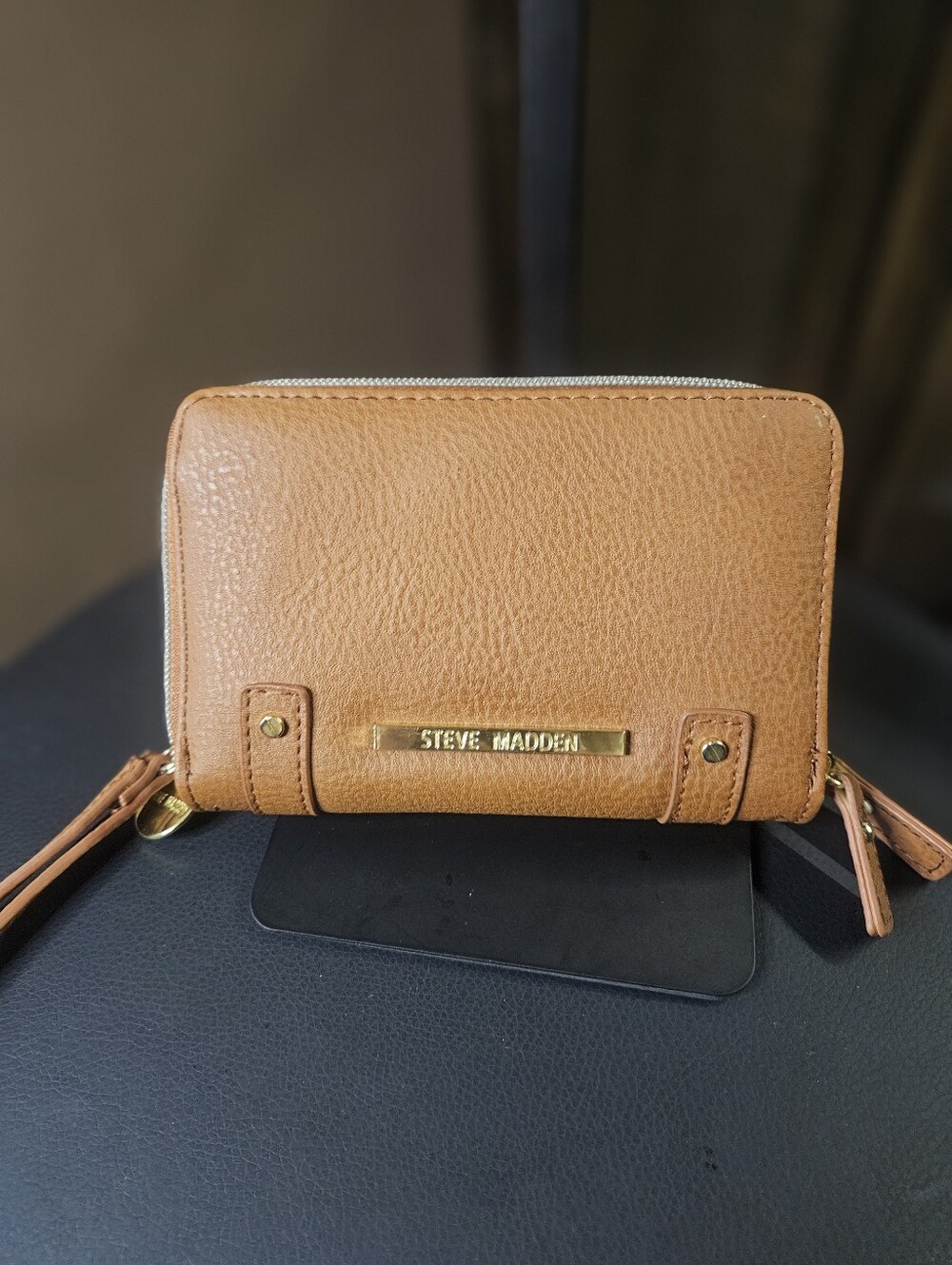 Steve Madden Cognac Leather Compact Zip Wristlet/Wallet